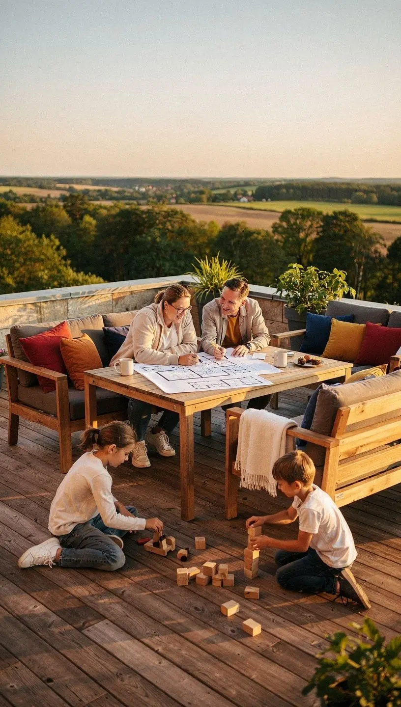 Mūsdienīgs dzīvojamās telpas iekārtojums ar stilīgām mēbelēm un apgaismojumu.