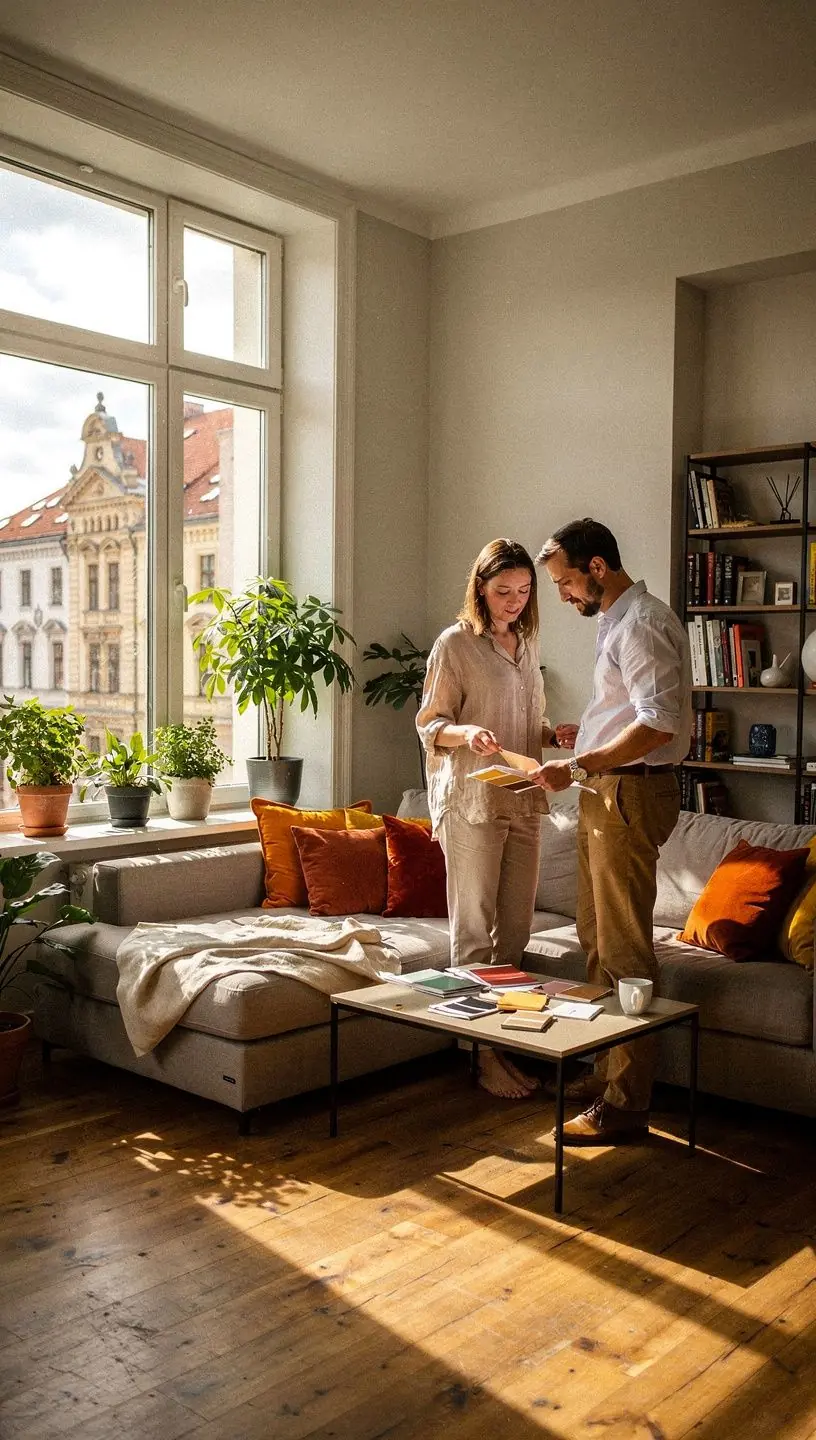 Modernas renovācijas piemērs, kas demonstrē harmonisku krāsu un tekstūru saskaņošanu.